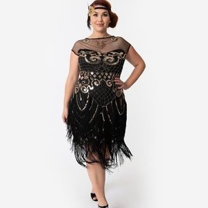 UNIQUE VINTAGE SIZE 1920S BLACK & GOLD DRESS